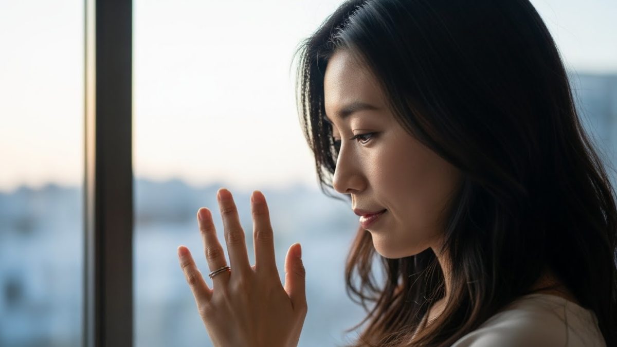 指輪をなくした手を見つめ、意味を考える女性