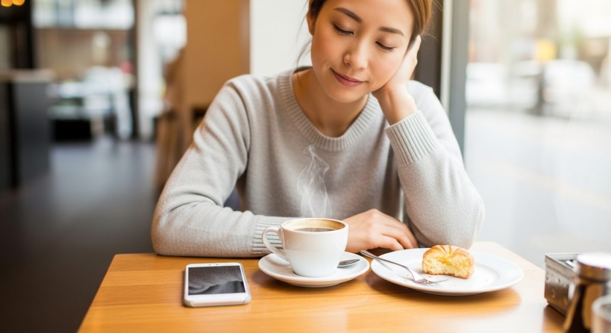 スマホをテーブルに伏せて置き、ほっと一息ついている女性の画像