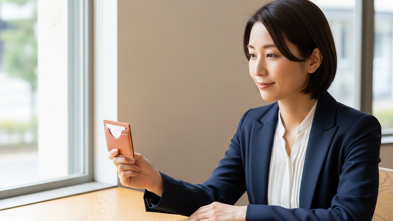 30代後半の日本人女性、オフィスカジュアル。窓際の自然光が入るカフェのテーブルで、上質な革の名刺入れを手に持ち、静かに見つめている