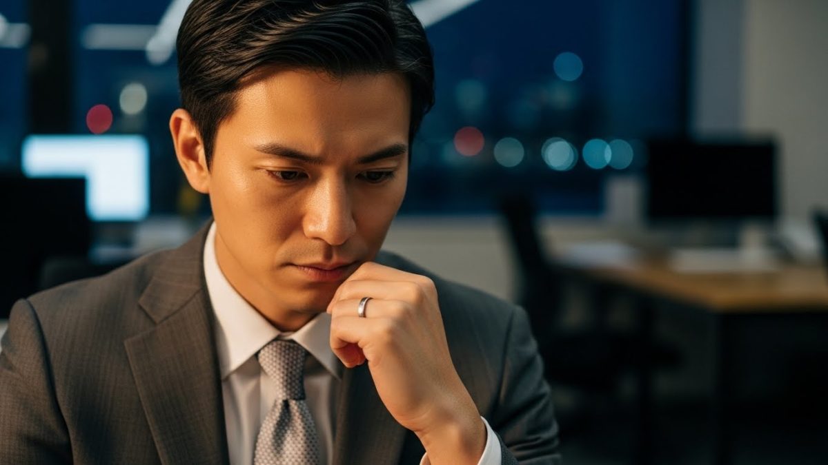 スーツ姿で指輪を見つめる30代の男性