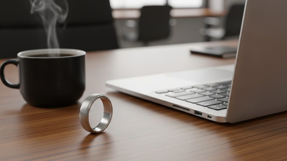 デスクに置かれた男性用のシンプルなシルバーリング