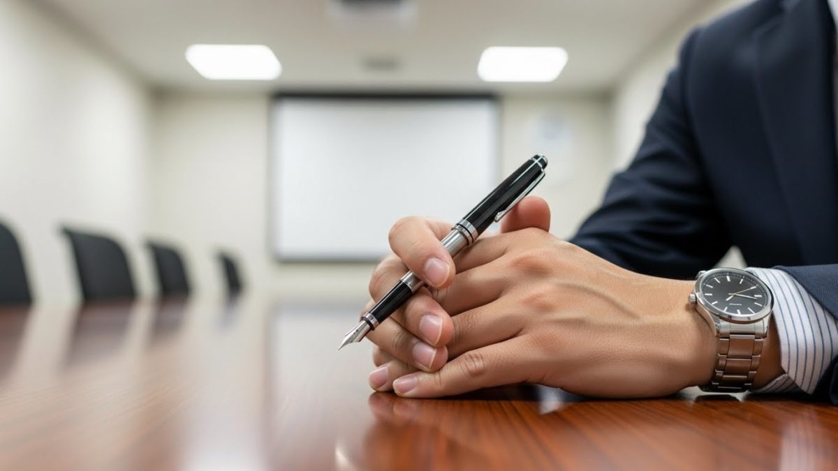 会議テーブルの上でペンを持つ、手入れされた男性管理職の手元