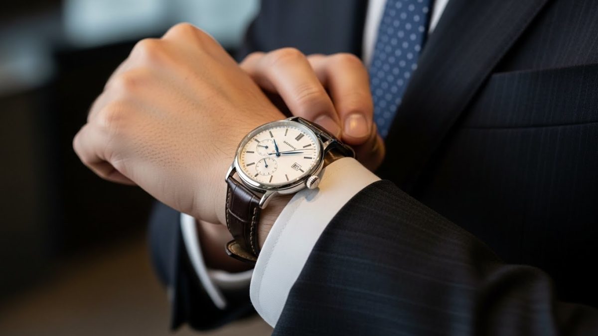 スーツの袖口から見えるクラシックなアナログ時計を確認する男性