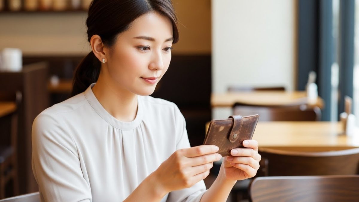 使い古した名刺入れを見つめる30代の日本人女性