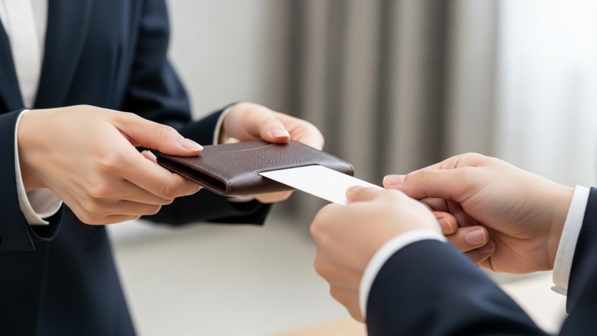 丁寧に名刺交換をする女性の手元