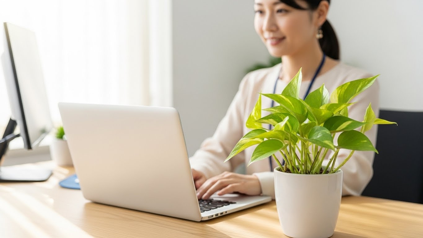 明るく整頓されたオフィスデスク。手前には、ノートパソコンの横に置かれた小さく健康的な観葉植物（ポトスやサンスベリアなど）。背景には、微笑みながら働く日本人ビジネスウーマンがぼやけて映っている。焦点は植物にあり、平和な労働環境を象徴している。