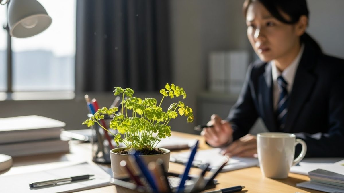 デスクで少し元気のない観葉植物を心配そうに見つめる様子