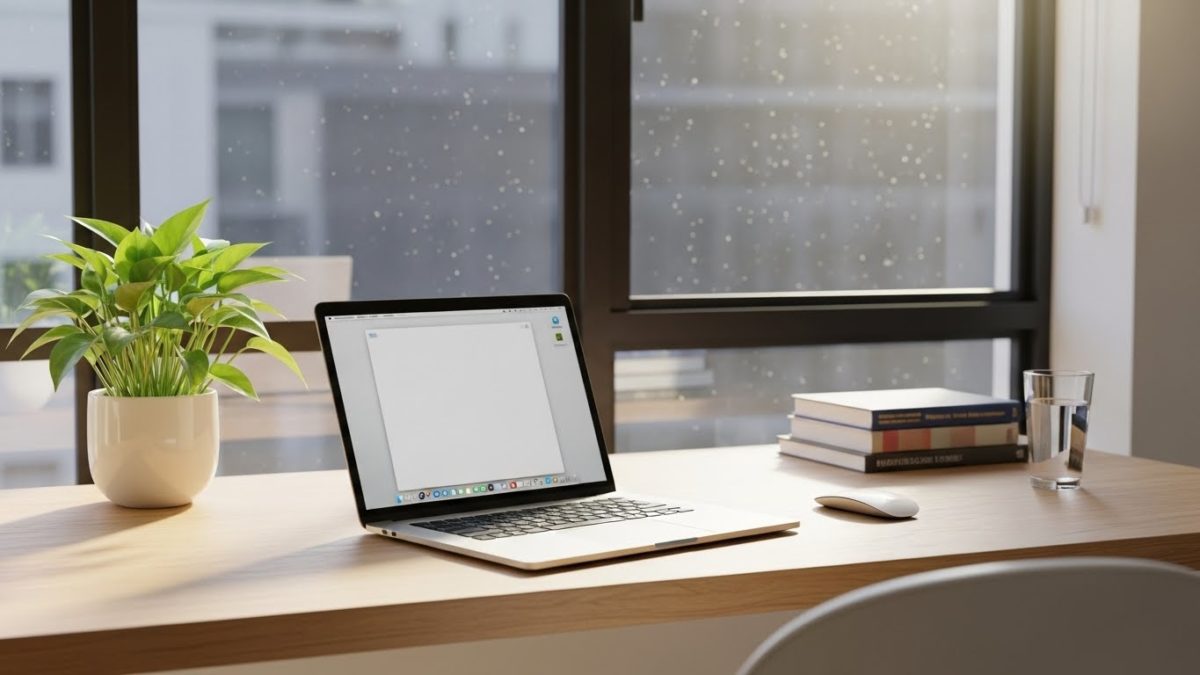 デスクの左側に置かれた元気なポトスとノートパソコン