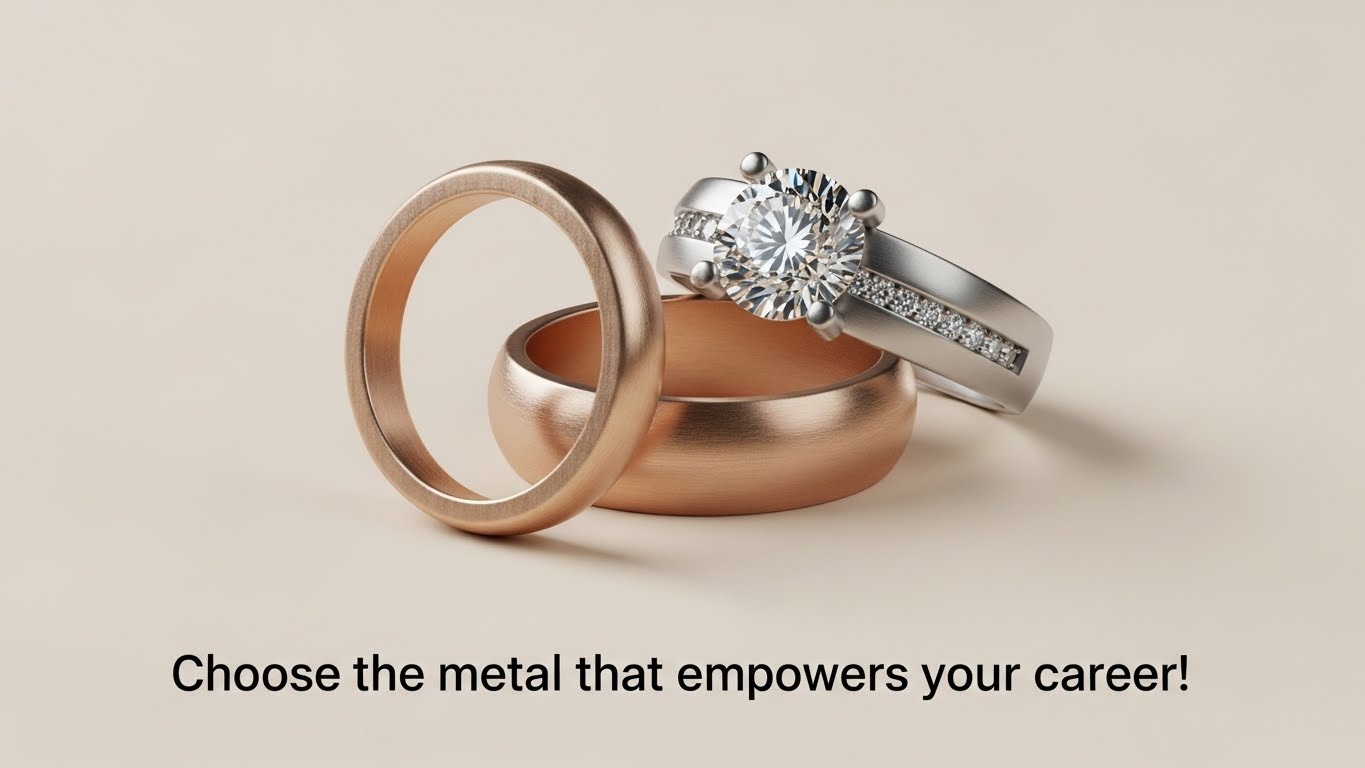 仕事運を上げたい時、指輪の素材（ゴールド・シルバー・プラチナ）はどう選ぶ？風水的な意味と、それぞれの金属が持つ心理的効果を解説。自信が欲しいならゴールド、信頼ならプラチナなど、今の自分に必要なエネルギーを補う選び方を紹介します。