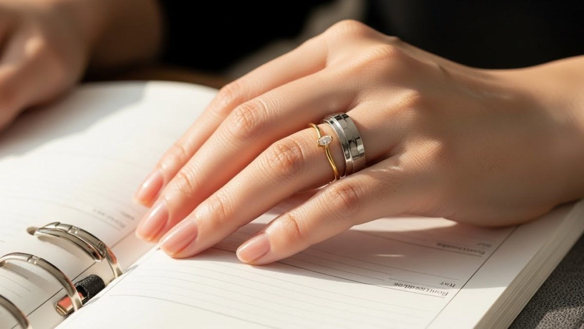 手帳の上に置かれた女性の手元。ゴールドとプラチナの指輪が光る