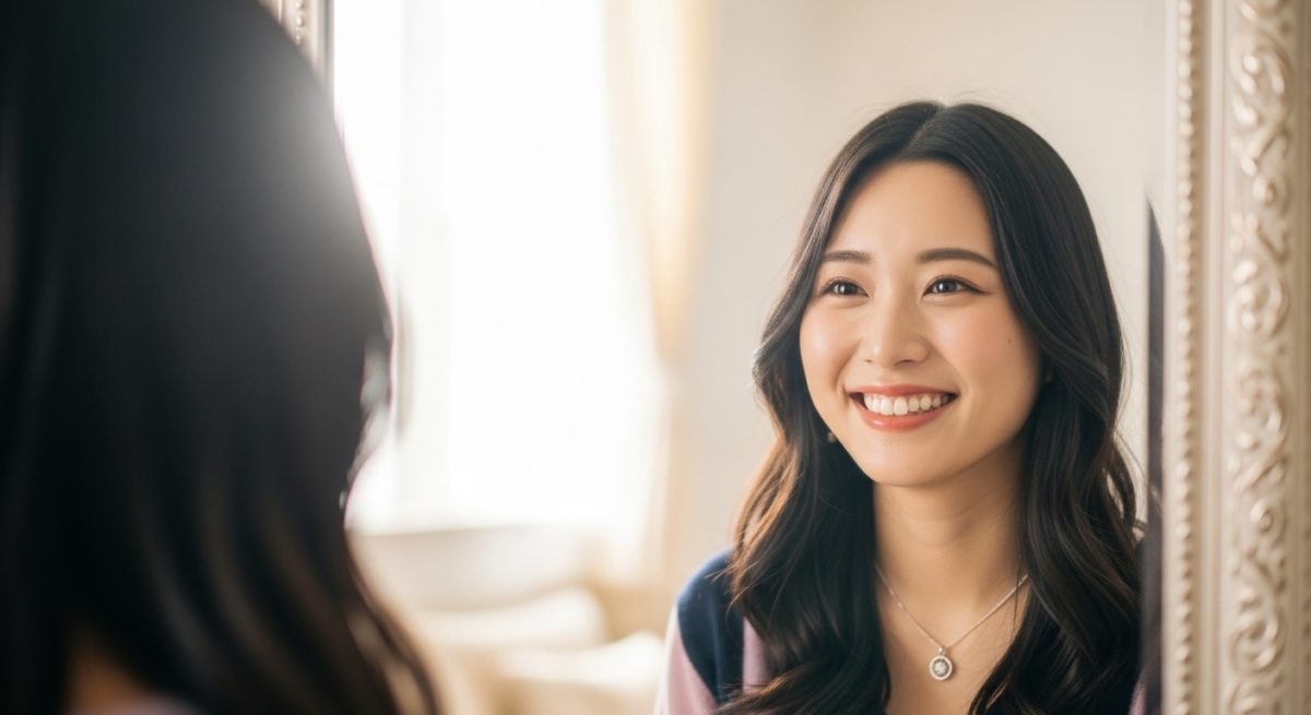 お気に入りのネックレスを身につけて鏡を見て微笑む20代日本人女性、明るい光