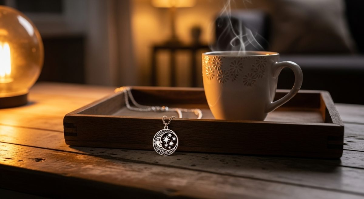 帰宅後にネックレスを外してリラックスする様子