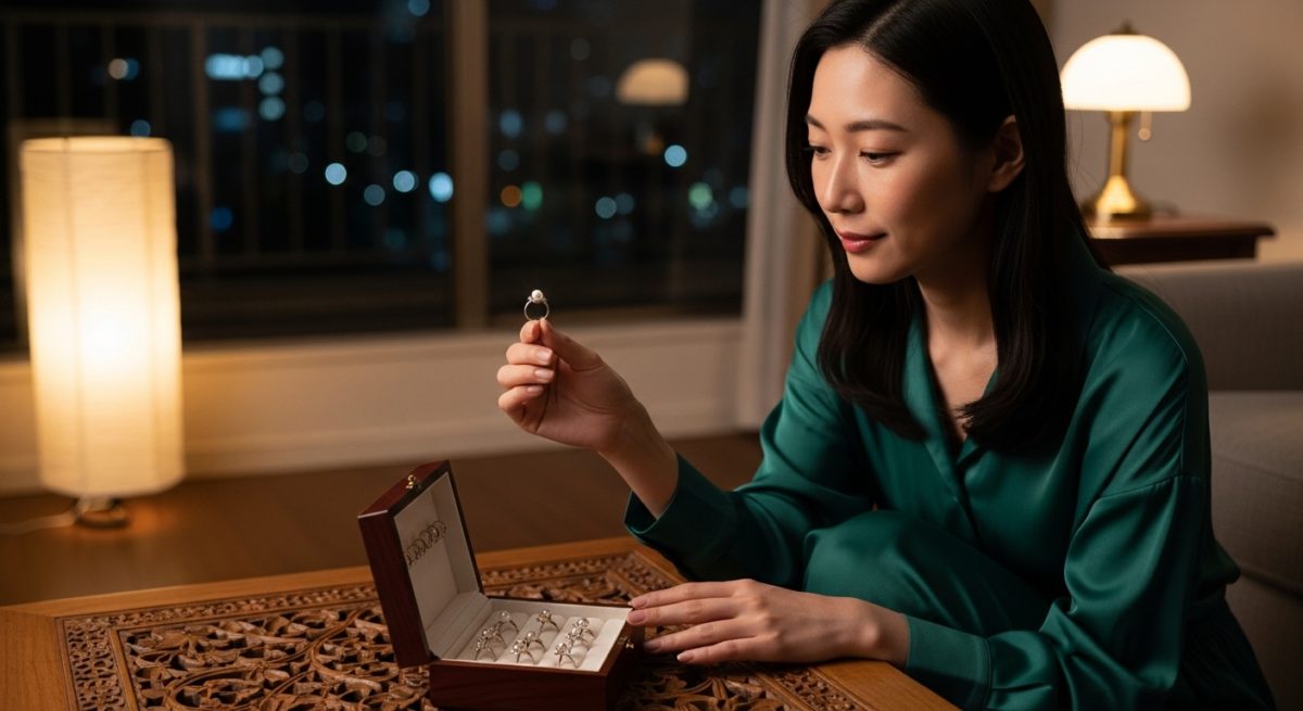 指輪を手に取り着ける指を考える女性