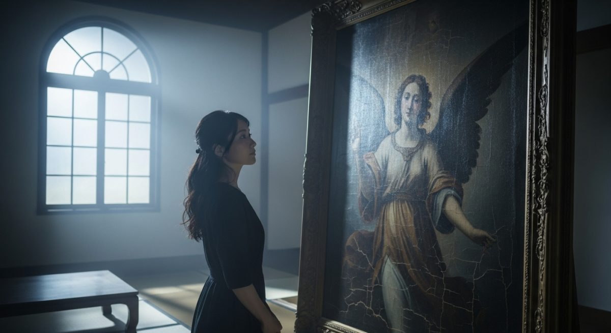 大天使ミカエルの象徴に触れ心を整える女性