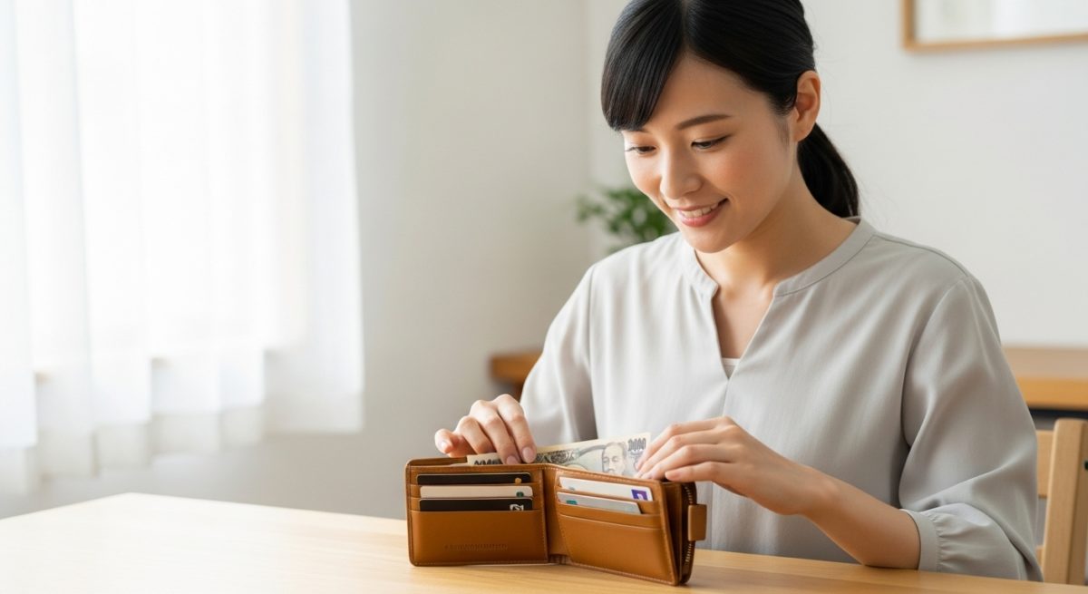 財布からレシートやカードを取り出し、整理整頓をしている様子