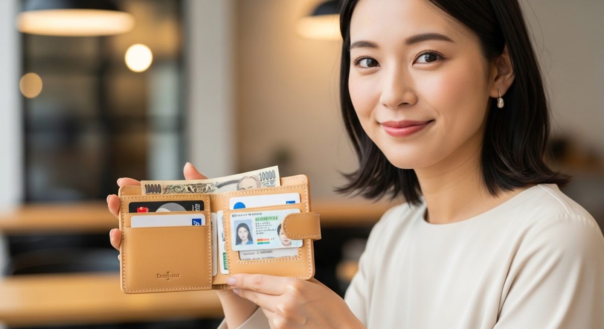 すっきりと整理された財布を手に取り、清々しい表情の女性