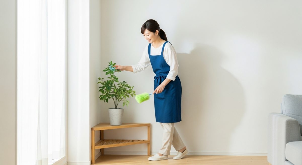 リビングのコーナーを掃除し、スッキリとした空間に満足する女性