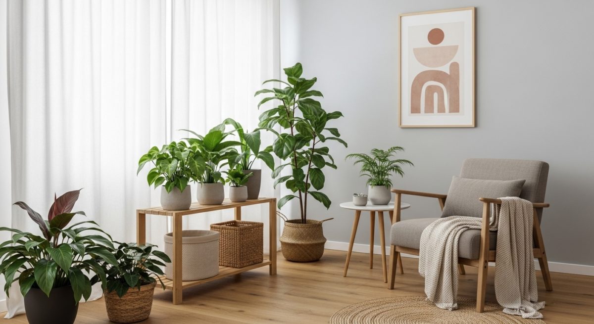 間接照明が置かれた部屋の隅、落ち着いた雰囲気のインテリア