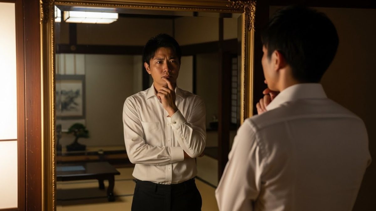 鏡の前で決意する男性