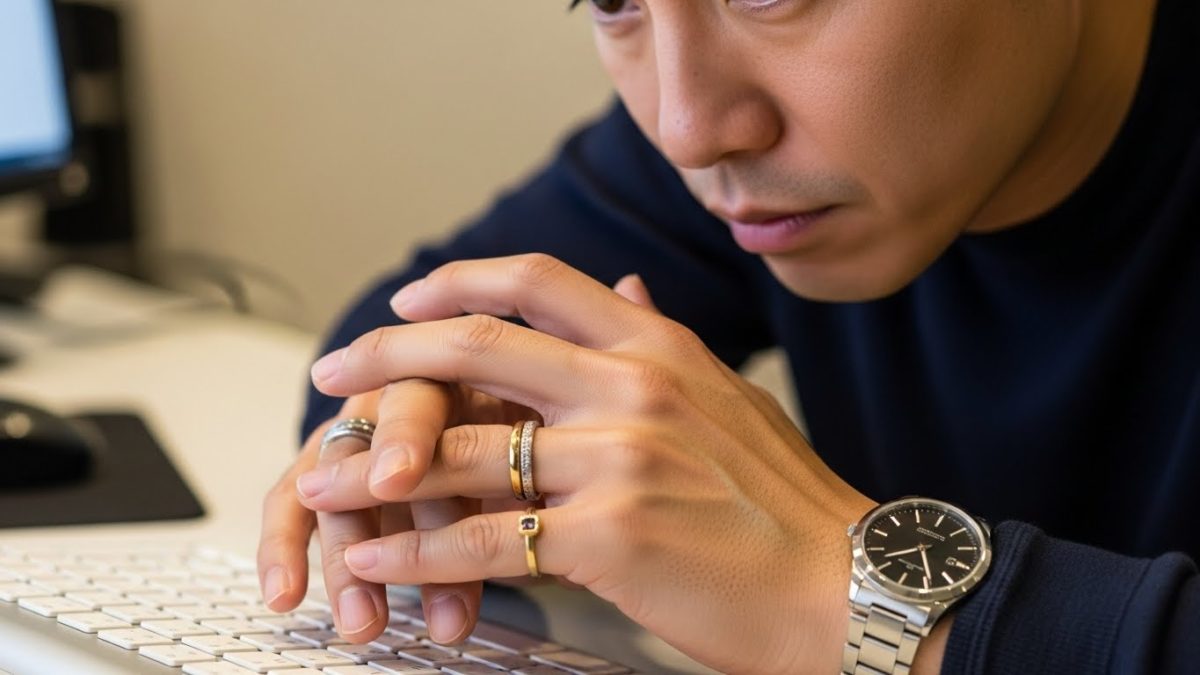デスクでPC作業をしながら、ふと考え込む日本人男性の手元のアップ。シルバーとゴールドのアクセサリーが自然に写っている。
