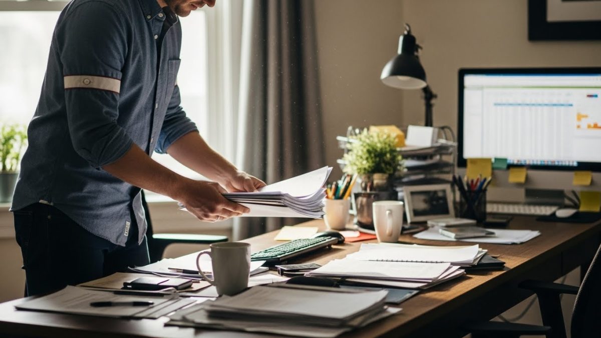 デスク整理を始める男性