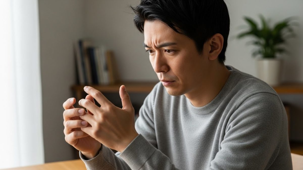 手元を見つめ思考する男性