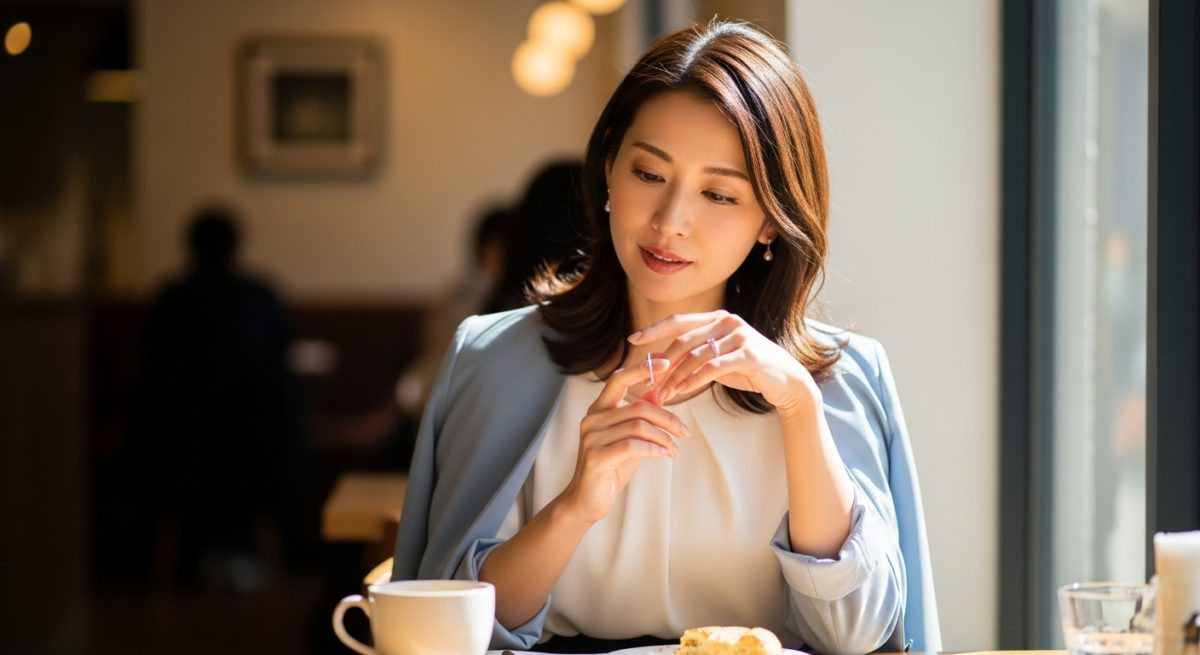 カフェで自分の手元を見つめながら考えを整理する女性