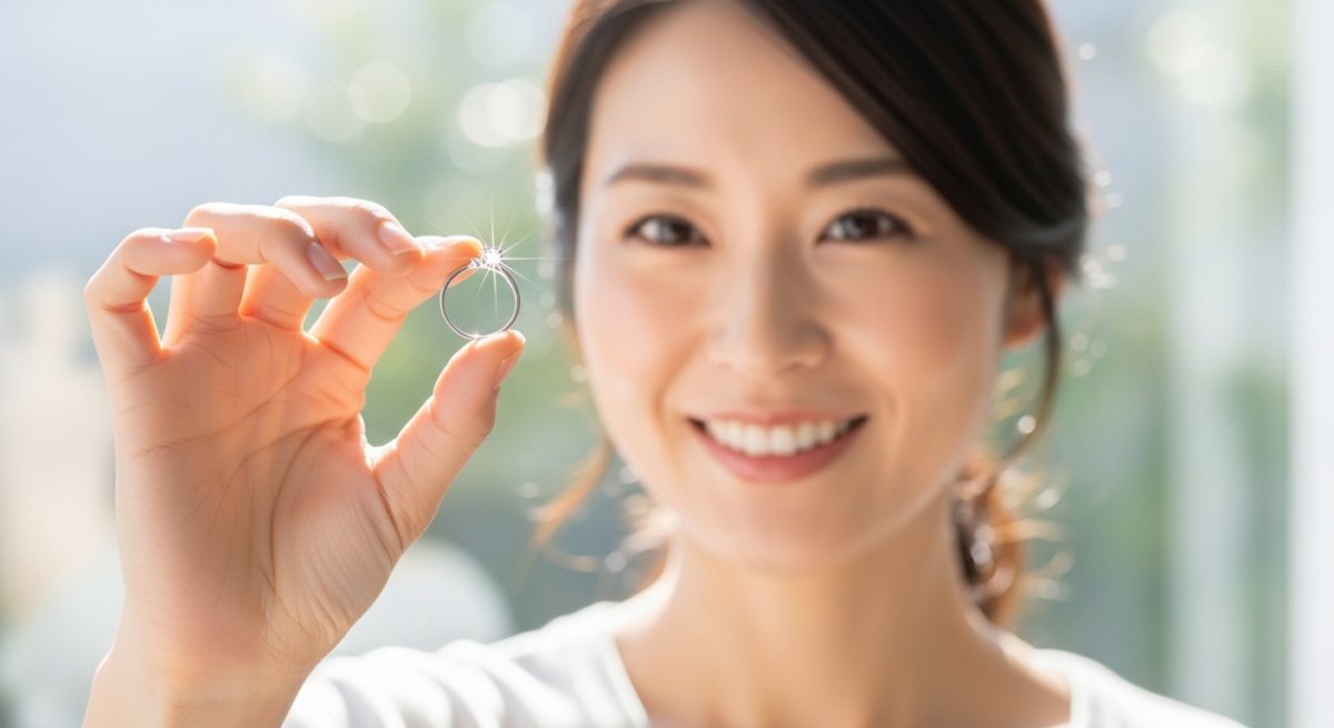 新しい指輪の輝きを見て、晴れやかな表情になる女性