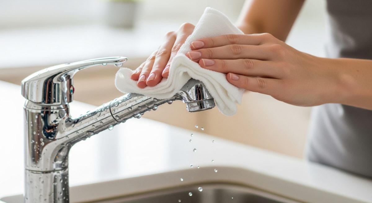 キッチンの蛇口を磨いて金運の流れを良くする様子