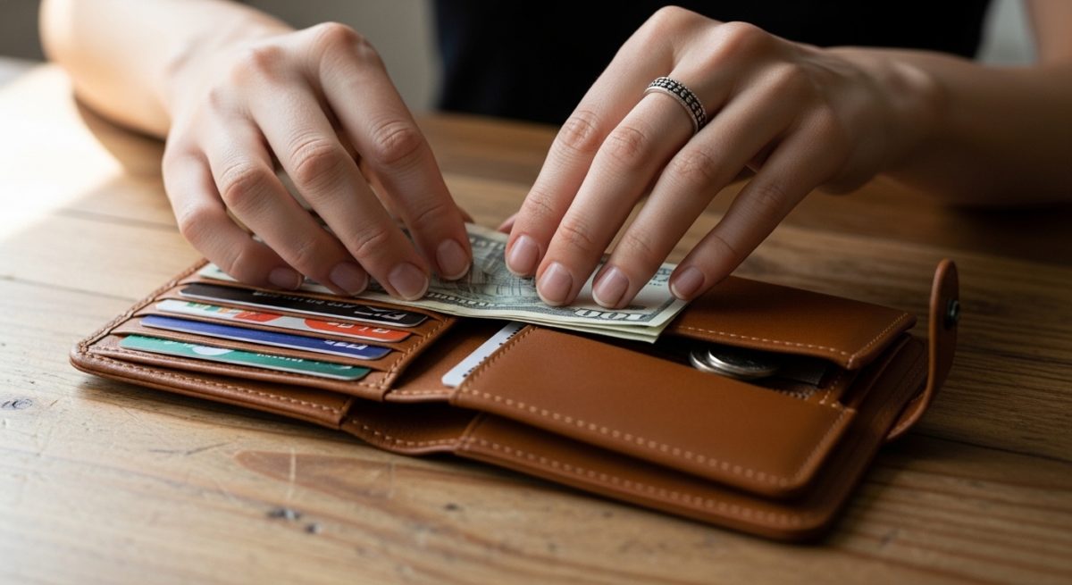 財布の中身を整理してお金を大切に扱う女性の手元