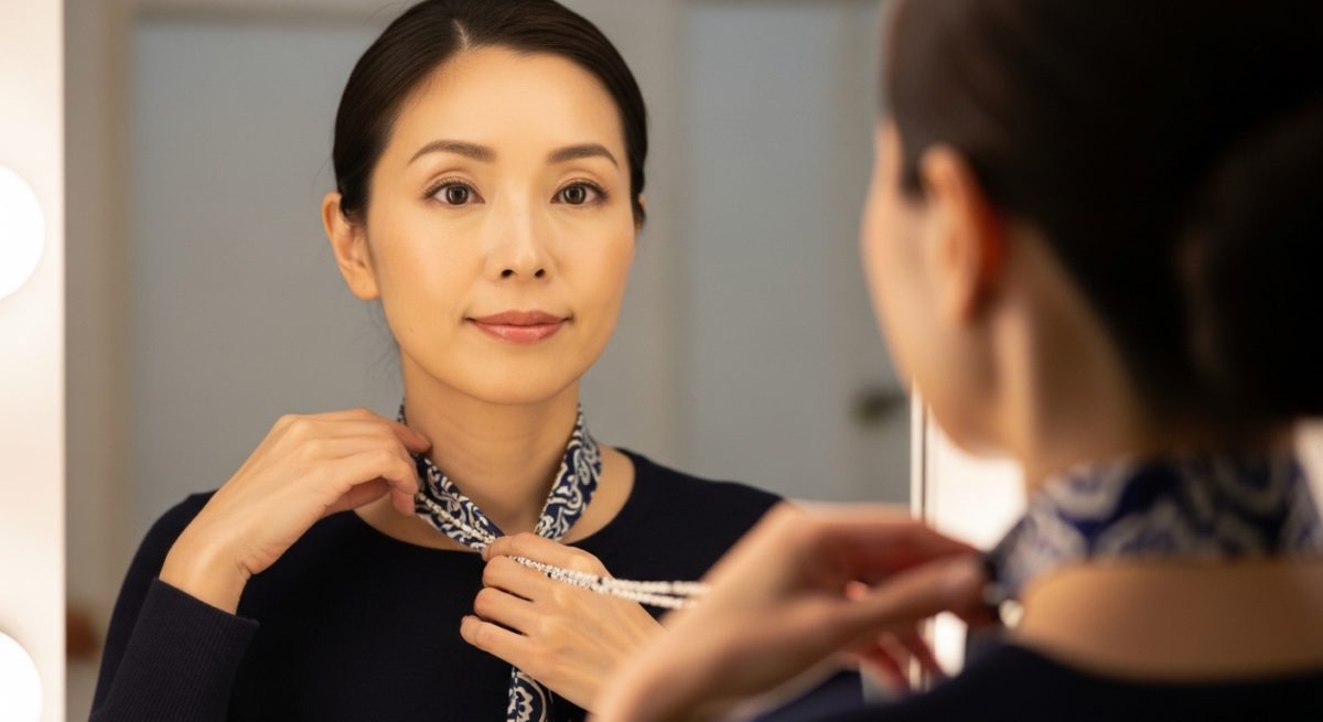 長いものを身につけて厄除けを意識する様子