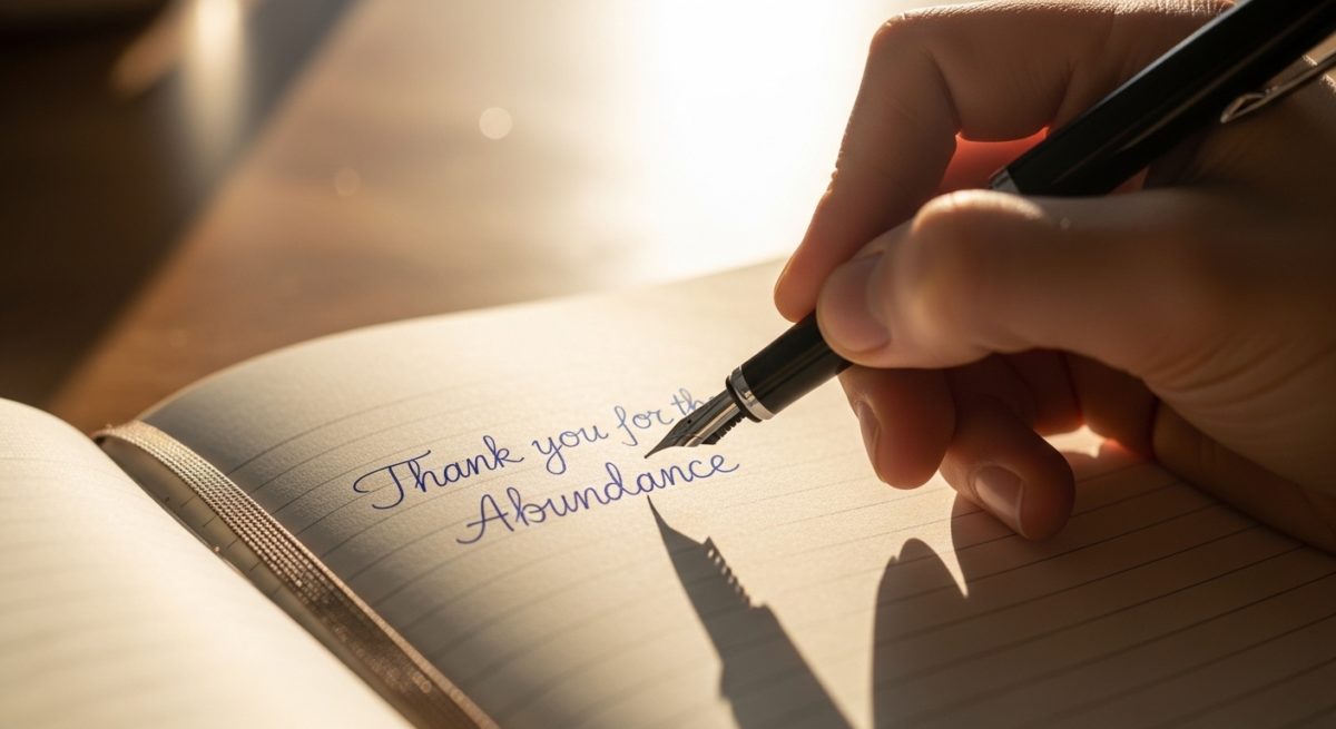 手帳に感謝と喜びの言葉を書き込む手元