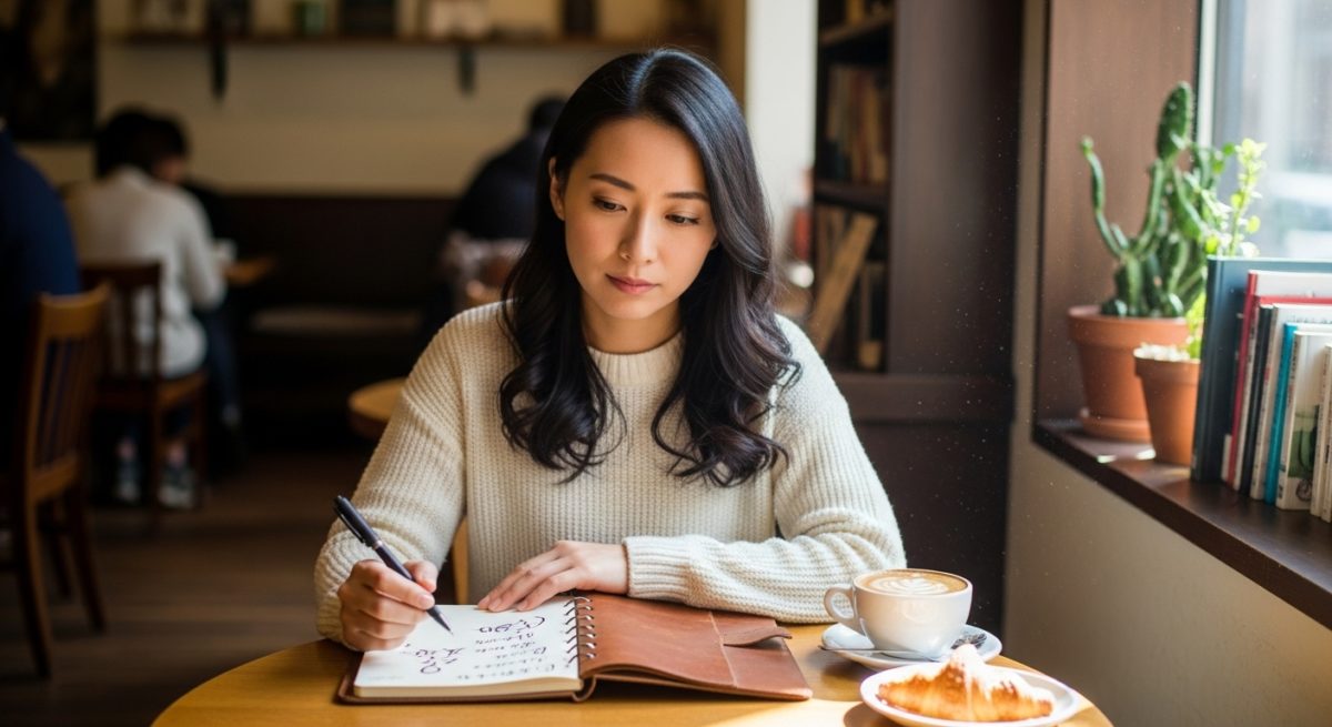カフェで一人、手帳を開きながら自分の気持ちを整理しようとしている女性の画像