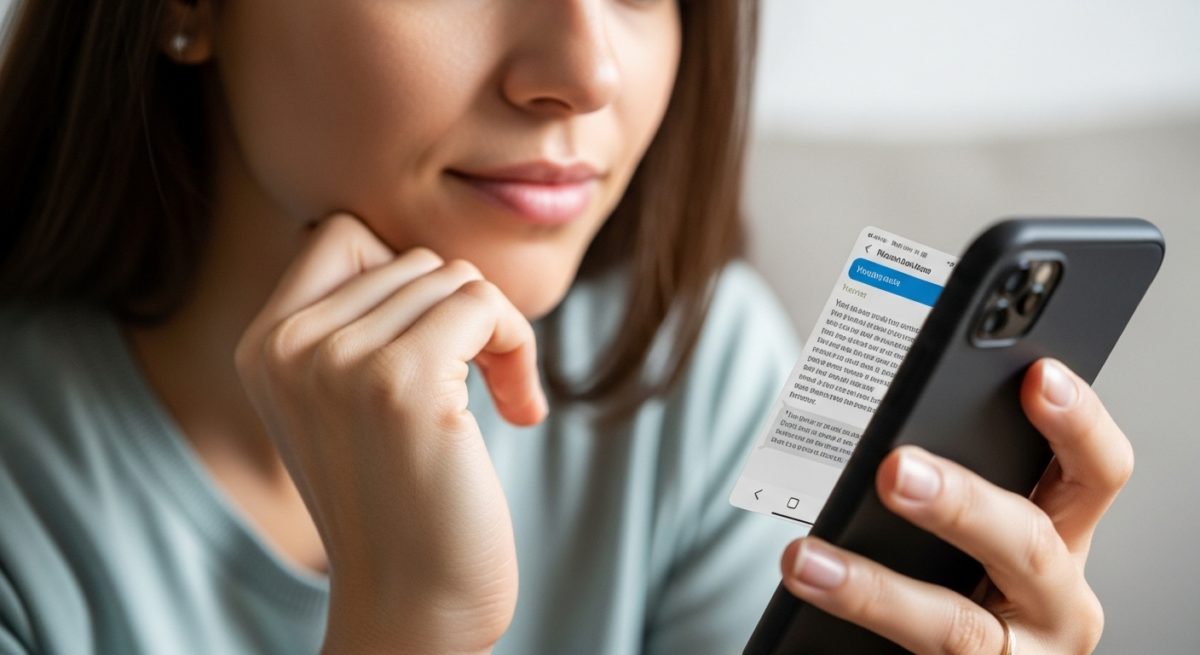 スマートフォンを持ち、自分のペースで連絡を取ろうとする日本人女性