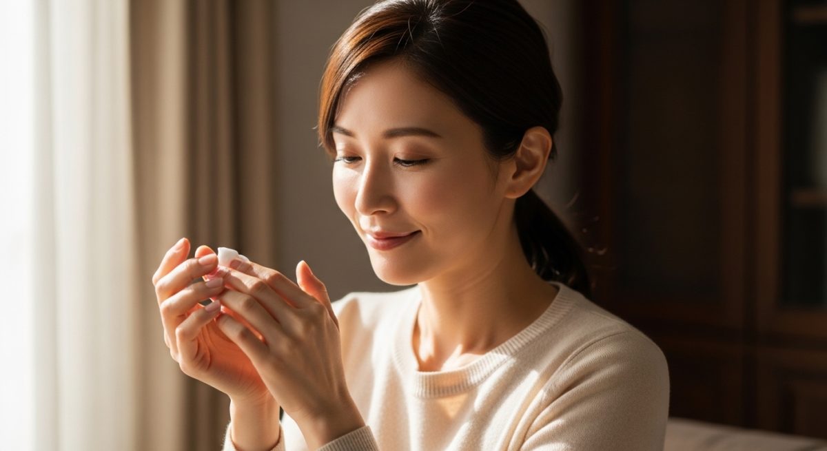丁寧にハンドケアをして、心にゆとりを取り戻す女性