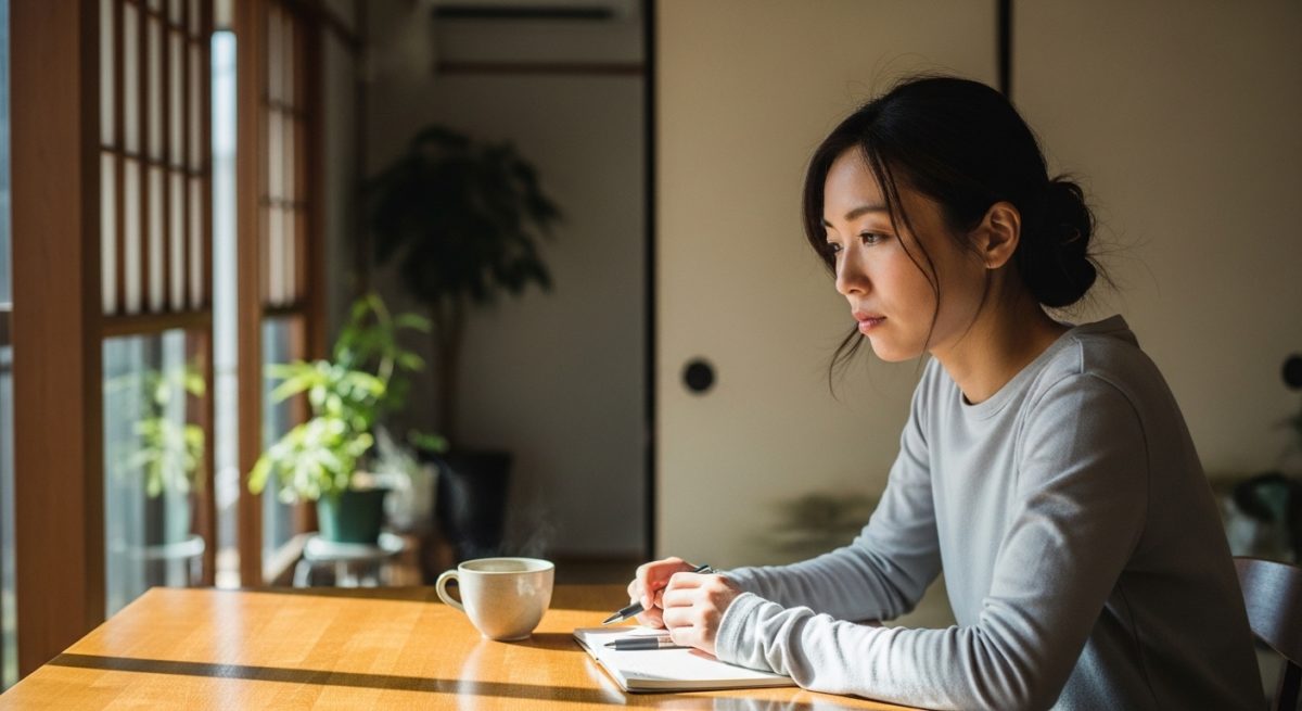 龍神モチーフのネックレスを身につけ、落ち着いた時間を過ごす日本人女性