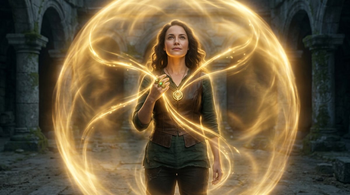 リングとネックレスの相乗効果で、全身が黄金の守護に包まれる「無双状態」のイメージ