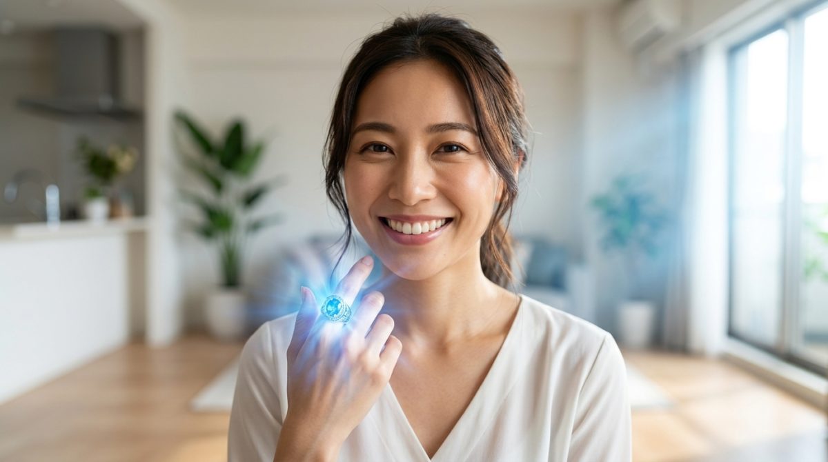 大天使ミカエルの指輪を身につけ、自信と安心感を取り戻した20代日本人女性の笑顔