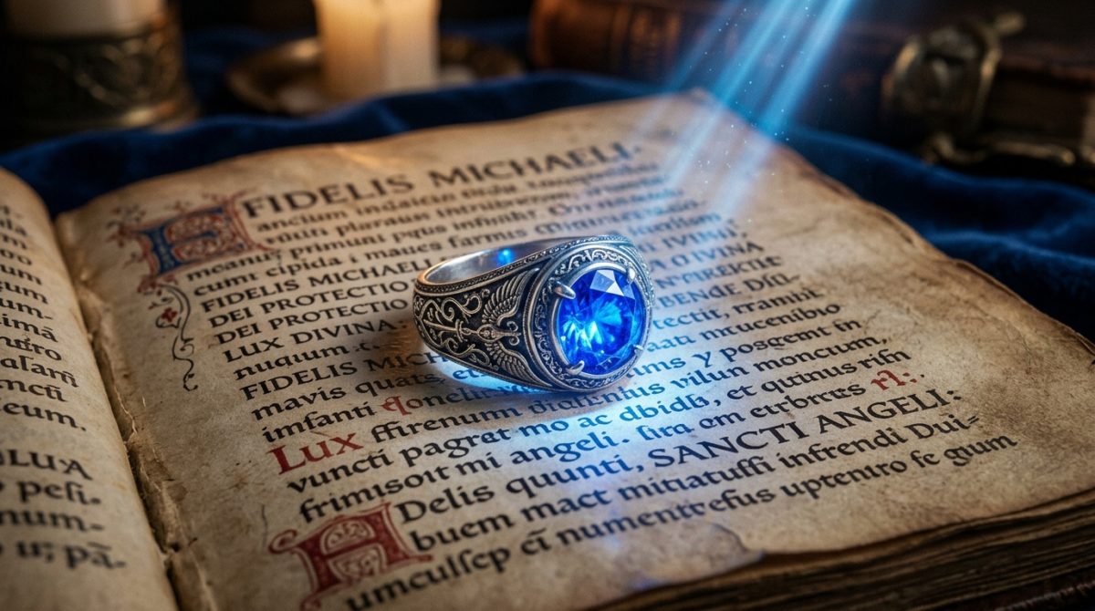 大天使ミカエルの浄化と防御のエネルギーを象徴する青く輝くアマラアミュレットのシルバーリング