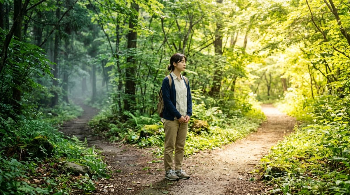 新緑の森の穏やかな分岐点で、明るい未来に向けて落ち着いて選択をする日本人の若者