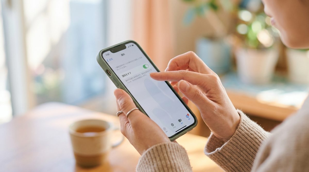 安心した様子でスマートフォンを持ち、SNSの設定を調整する日本人の手元
