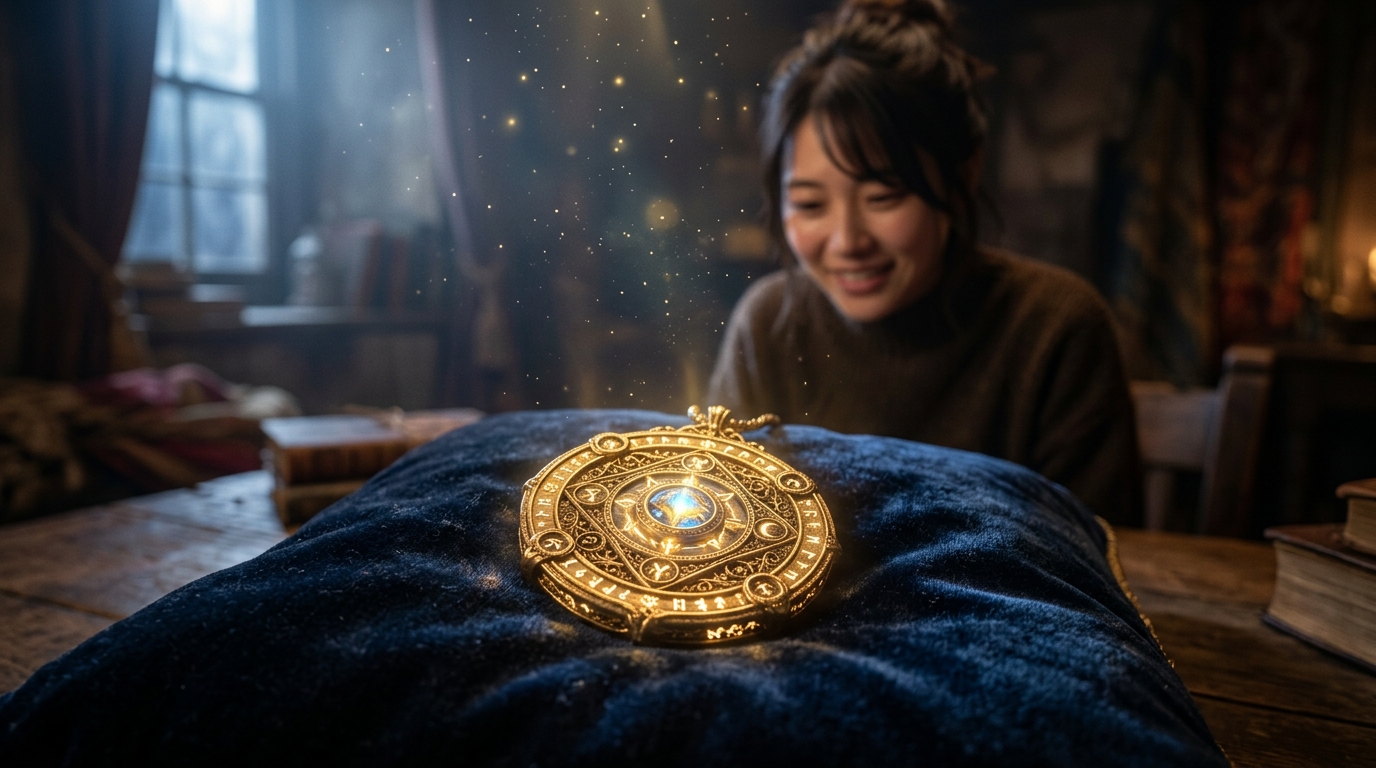 暗闇の中で希望の光を放つ強力な金運護符を見つめる日本人