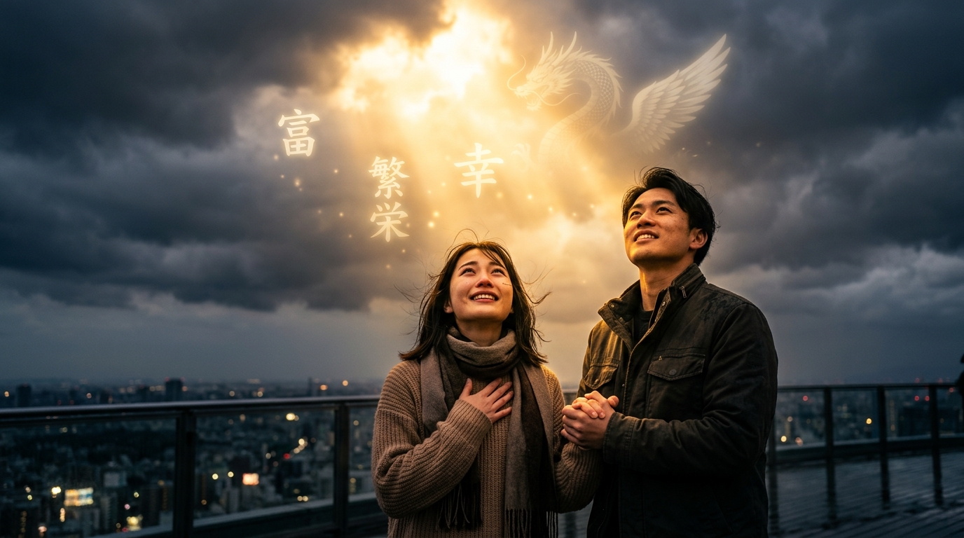 どん底から抜け出し、強い決意で本物の金運と豊かさを掴み取る日本人男女のイメージ