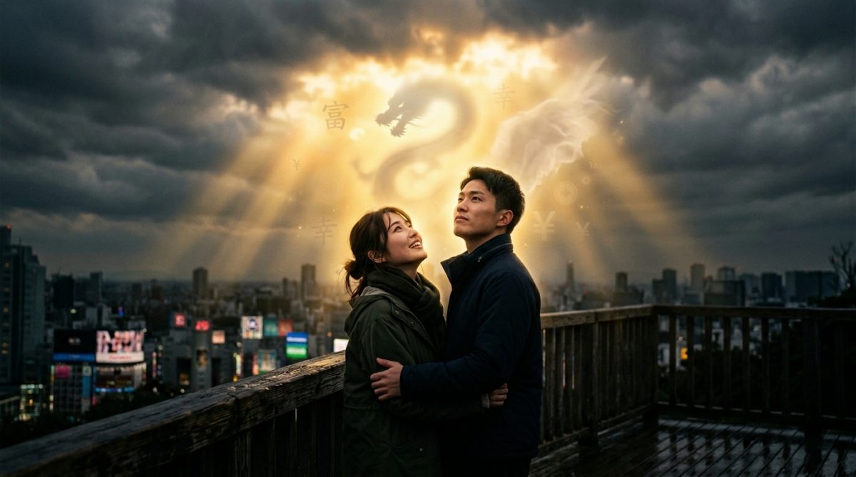 どん底から抜け出し、強い決意で本物の金運と豊かさを掴み取る日本人男女のイメージ