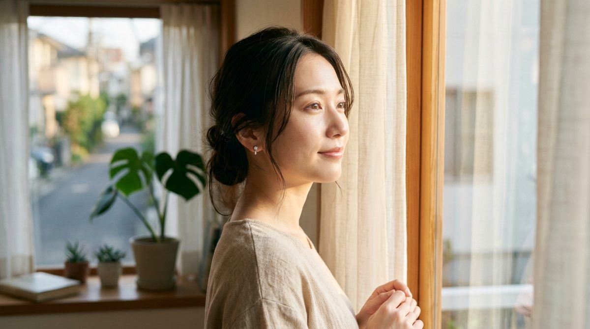 柔らかい朝の光を浴びながらシルバーピアスを身につける20代日本人女性