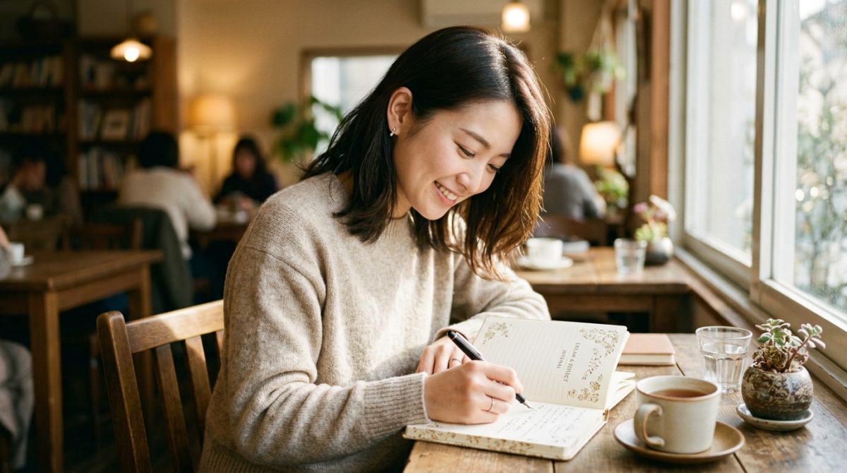 カフェでノートに記録をつけながら微笑むシルバーピアスをつけた女性