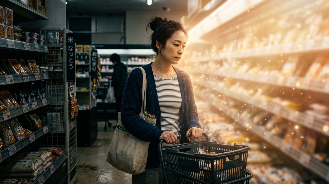 スーパーのタイムセールでお金の不安を抱えていた30代女性が希望の光に出会うイメージ