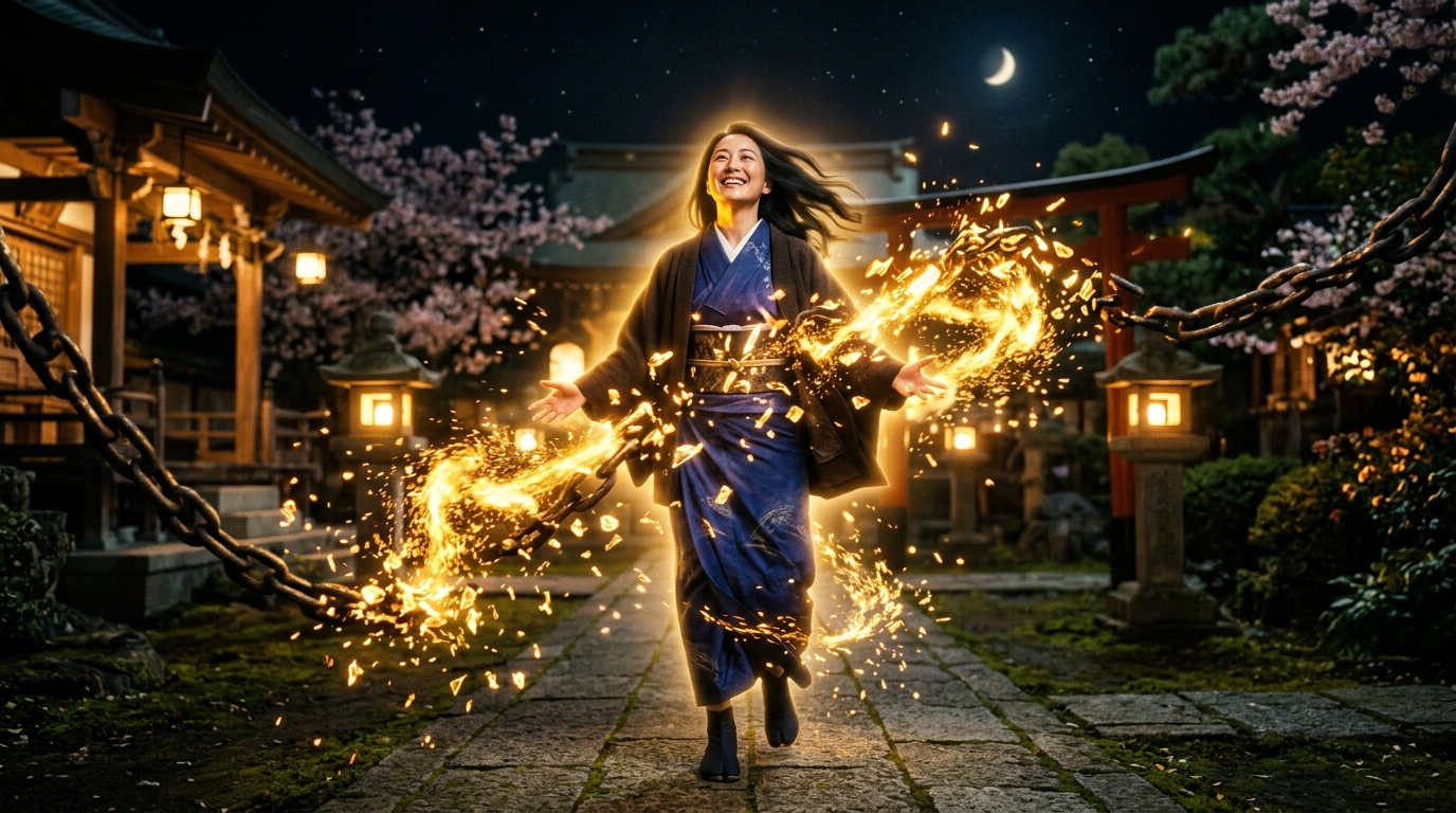 大天使ミカエルの波動で心の重い鎖が解き放たれ、自信を取り戻す女性のイメージ