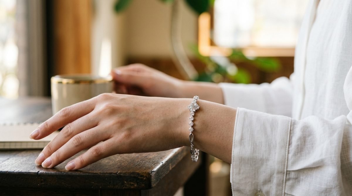 金運を上げるアマラアミュレットのシルバーブレスレットを身に着けた20代女性の手首