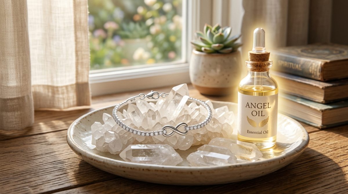 金運を上げるアマラアミュレットブレスレットを水晶とエンジェルオイルで浄化する様子